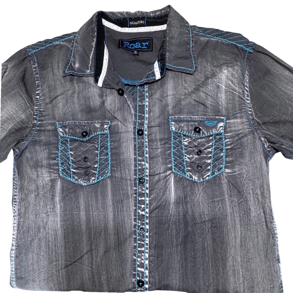Roar Shirt Mens M Gray Turquoise Embroidered Western Biker Y2K Button Up Short S